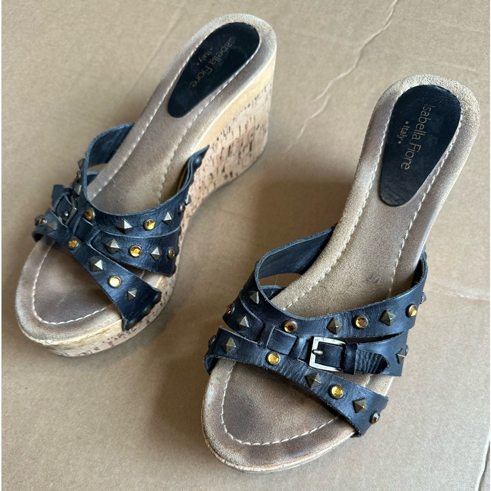 Isabella Fiore Black leather slide. Embellished. Size 9 1/2 M. Platform wedge.
